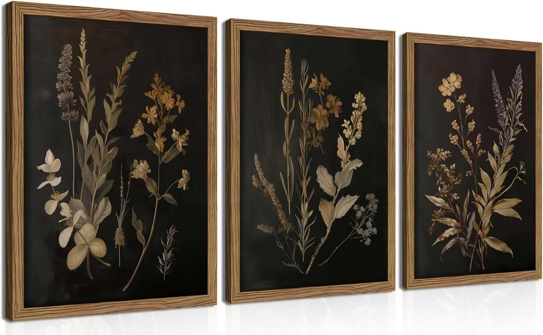 Framed Dark Botanical Wall Art Set of 3, Black Moody Floral Wall Decor Paintings, Dark Academia Decor, Vintage Flower Artwork Prints Pictures for Living Room Bedroom Bathroom 12x16 Inch, 16L" x 12W"