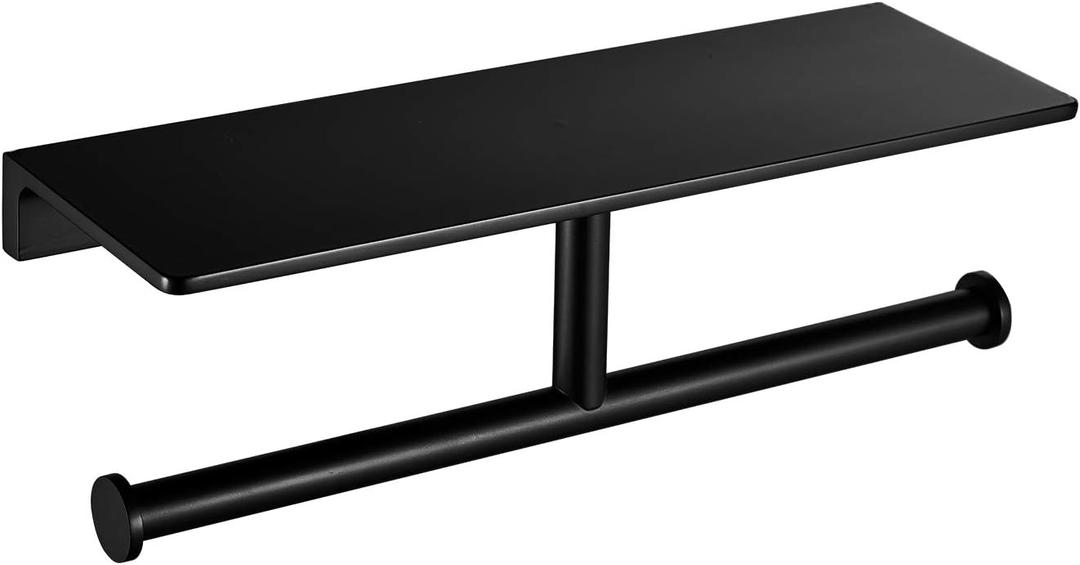 Double Roll Toilet Paper Holder with Shelf Solid Brass and Superior Hotel Style Tissue Dispenser Spared Storage Matte Black Finish