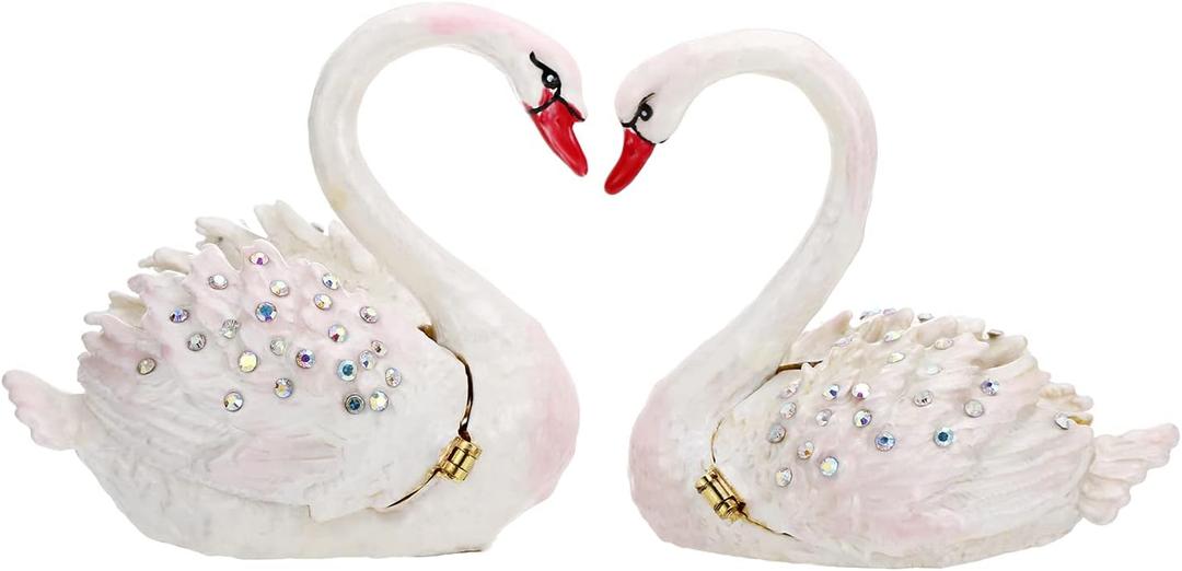 Hand Painted Enamel Grace Swan Trinket Box, Hinged Unique Mini Ring Necklace Jewelry Organizer, Classical Bejeweled Storage, Figurine Collectible Keepsake Home Decor (Couple Swan)