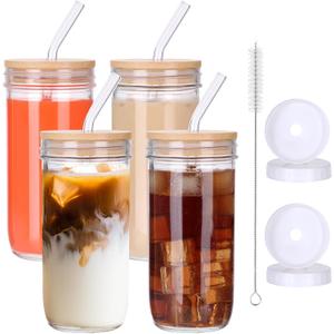 AuroTrends 24oz Glass Cups with Lids and Straws 4 Pack- Reusable Glass Tumbler with Straw and Lid/Smoothie Cups with Blamboo& Plastic Lids for Smoothies, Iced Coffee, Boba Tea (720ml, Set of 4)