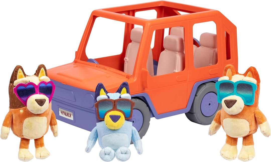 Bluey Big Heeler 4WD and Family Toddler Toy Car, Bingo and Chilli Plush Buddies, Opening Hood Storage, Car Toys for Kids 3+
