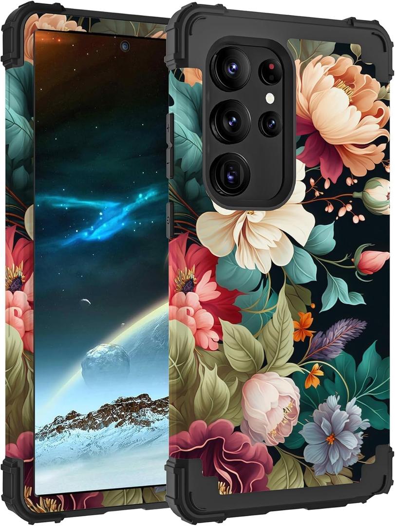 PIXIU Unique Flower Pattern Compatible with Samsung Galaxy S25 Ultra case,Heavy Duty Dual Layer Shockproof Full-Body Protective Sturdy Hybrid Cute Rugged Case for Women,Girls,Kids-Black Floral