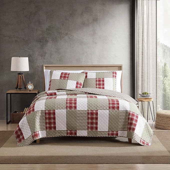Eddie Bauer - Quilt Set, Reversible Cotton Bedding with Matching Shams, Luxurious Bedding Set (Camino Island Red, Queen)