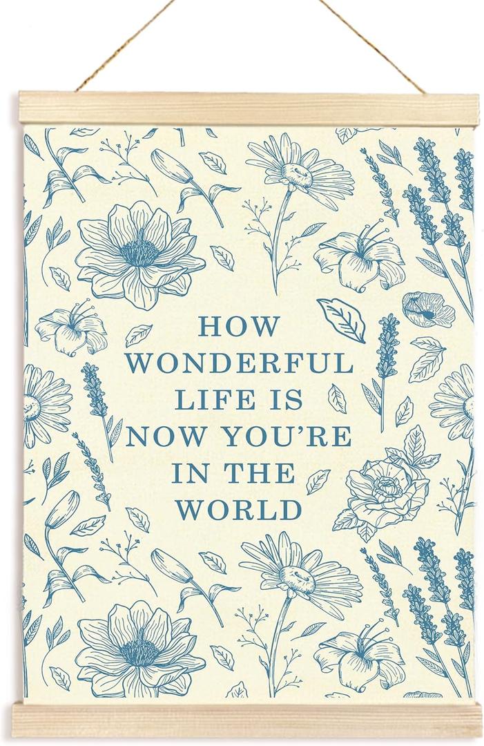 Hiuwevt Floral Nursery Wall Art, Baby Blue Boho Poster Hanger Frame, Kids Room Decor, Neutral Baby Shower Newborn Wall Art Decor for Toddler Girls Room Home Bedroom, 12x16 Inch