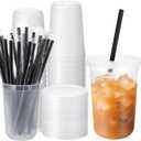 Lounsweer 15 Pcs Clear Reusable Cups with Straws and Lids, Plastic Frosted Round Bottom Ice Coffee Cups Travel Mug Tumbler for Beverage Water Party Birthday Disposable Drinkware (16oz,Black)