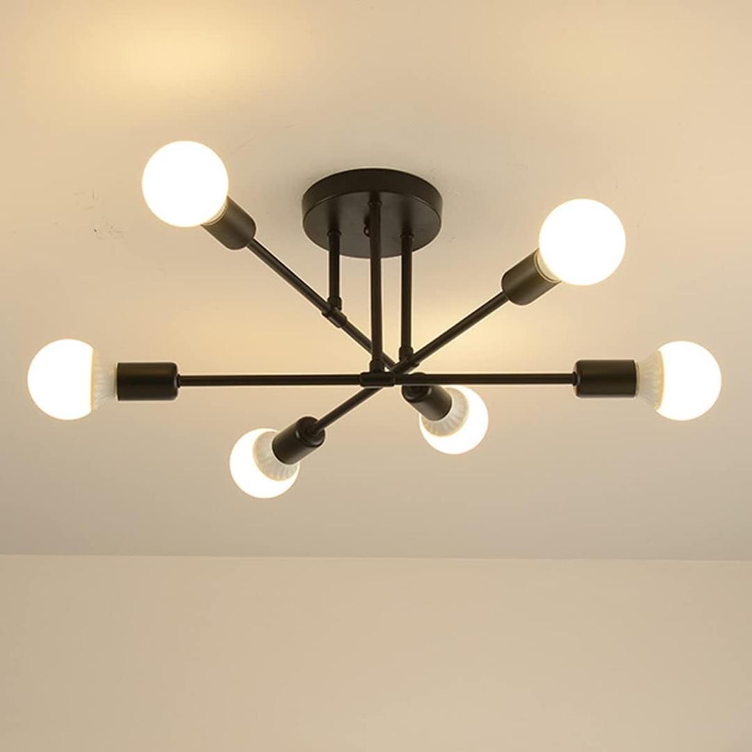 Modern Ceiling Light Fixture, Sputnik Chandelier 6 Lights, Mid Century Vintage Industrial Chandelier Lighting for Living Room Bedroom Kitchen Dining Room (Black)