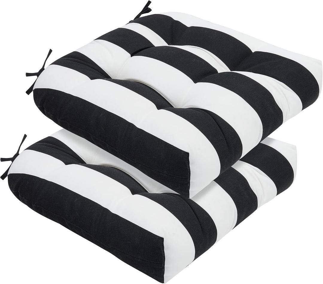 Indoor/Outdoor Tufted Seat Cushions with Ties Set of 2, 19"x19" Chair Cushions for Dining Chairs, Waterproof Chair Pads for Garden Patio Kitchen Home-Black White Stripe, 2 Count