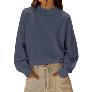 TERIVEEK Mock Neck Sweatshirt for Women Oversized Turtleneck Long Sleeve Hoodies 2025 Fall Casual Drop Shoulder Pullover Tops (Blue, M)