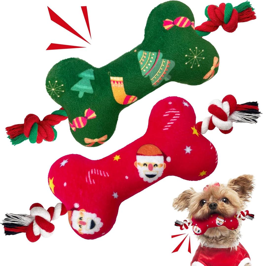 Lepawit Christmas Dog Toys for Small and Medium Dogs, 2 Pack Soft Squeaky Dog Toys with Cotton Rope, Perfect Christmas Dog Gifts