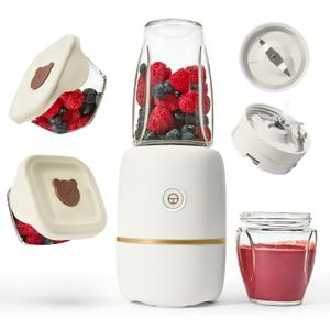 Bubble Blender, Baby Food Maker & Puree Blender with 2 Borosilicate Glass Cups, Compact Baby Bullet for Smoothies, Hands-Free One-Touch, 200W Motor, Cream