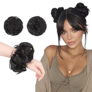 FESHFEN 2PCs Small Messy Bun Hair Piece for Thin Hair Women Girl Mini Synthetic Elastic Wavy Space-bun Scrunchies Updo Hairpieces, Natural Black