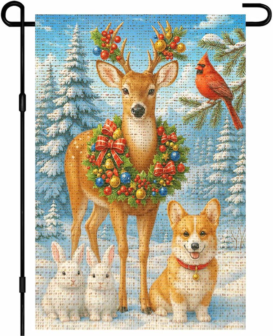 2 x IVN Christmas Animal Friends Garden Flag Yard Flag for Outside 12 x 18 Inch Double Sided Burlap Snow Reindeer Dog Bunny Banner for Patio Lawn Home Outdoor Decoration