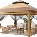 Driftalia 13x13 Pop Up Gazebo, Instant Outdoor Gazebo with Mosquito Netting, Vented Roof and Carry Bag for Patio, Garden & Backyard - Beige & Coffee