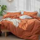 MooMee Bedding Duvet Cover Set 100% Washed Cotton Linen Like Textured Breathable Durable Soft Comfy (Solid Rust Brown, King 104"x90")
