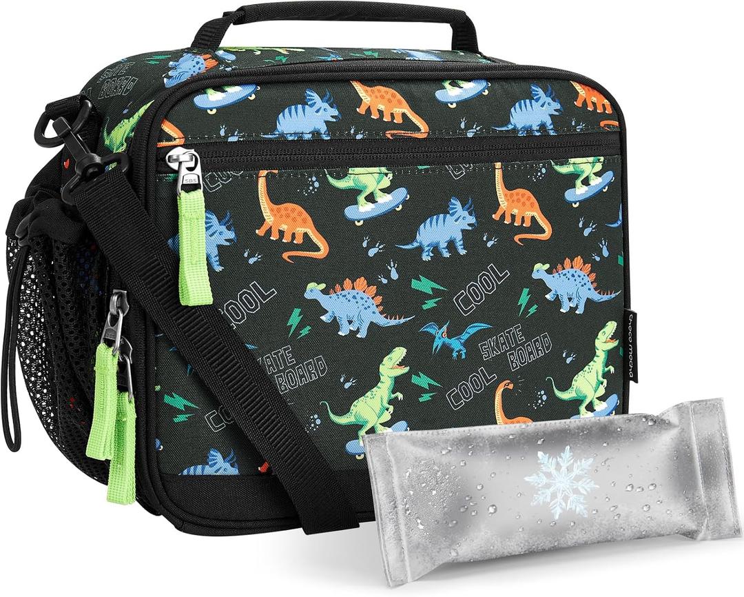Choco Mocha Lunch Box Kids Lunch Box for Boys Lunch Boxes for School Lunch Bag Ice Packs with Shoulder Strap for Toddler Preschool Kindergarten Black & Green Dinosaurs