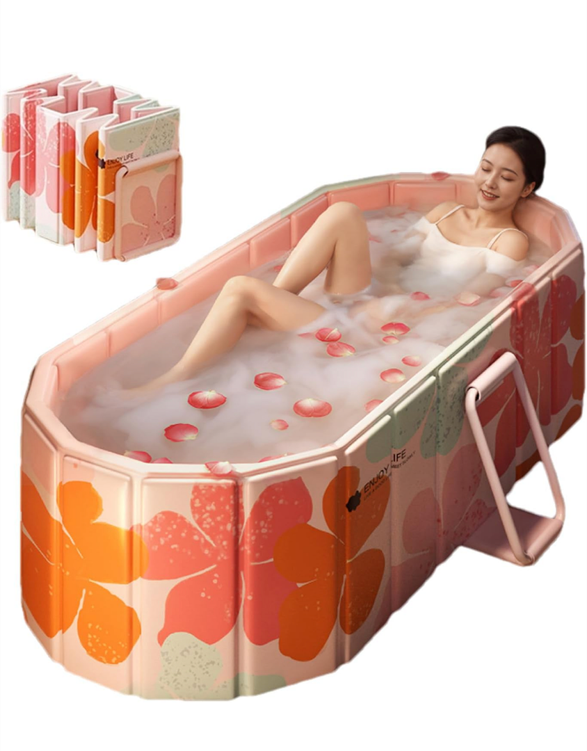 Genrenyen Portable Bathtub for Adult 47" Large Foldable No Installation Bath Tub for Shower Stall, Bathroom Hot SPA Soaking Standing Tub, Collapsible Plunge Bathtub (Pink, 47.2"21.6"19.6")