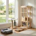 4-in-1 Small Cat Tower with Bed for Kittens, Cat Tree with Cat Self Groomer Brush, Track Balls, Natural Sisal Cat Tower with Interactive Toy, Scratching Post for Indoor Cats