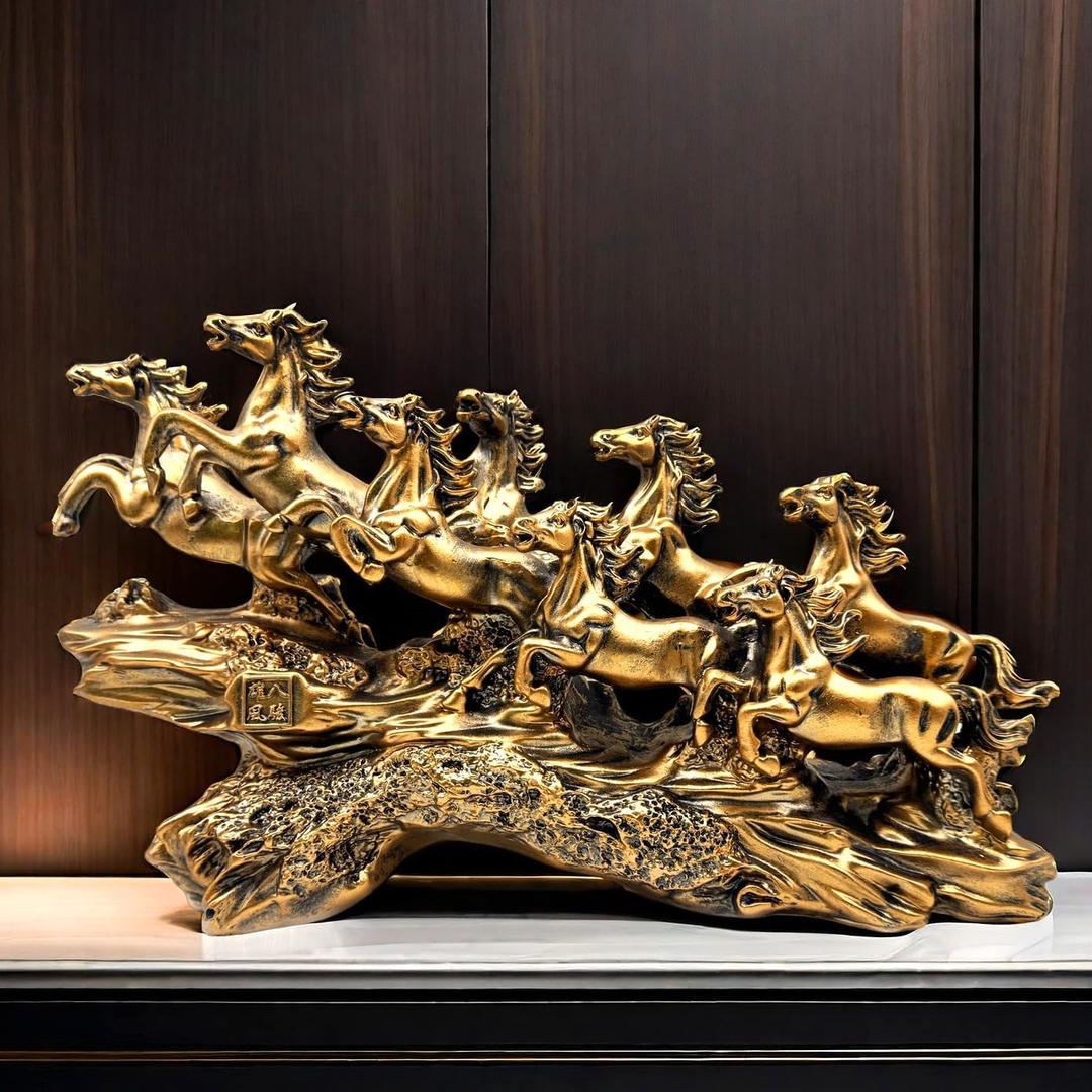Chinese Feng Shui Horses Statue Sculpture - Resin Running Horse Figurines Home Office Decoration Tabletop Decor Ornaments for Wealth and Success Good Lucky Gifts Bronze