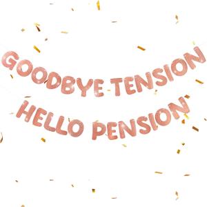 Retirement Banner Pre-Strung GOODBYE TENSION HELLO PENSION Banner Glitter Retirement Party Supplies Decorations for Women Men Office Home Decor (Rose Gold)