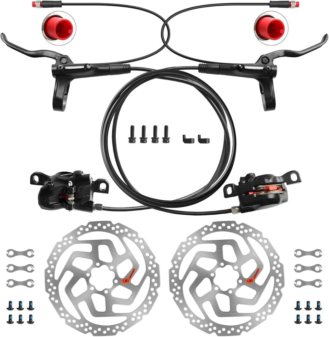 MT200 Ebike Hydraulic Disc Brake Set, 2-PIN 2-Pistons Power-Off Electric Bike Brake Kit with RT 180mm Rotors, Pre-Bled with Mineral Oil Brakes Kit for eBike, Mountain Bike, Road Bike