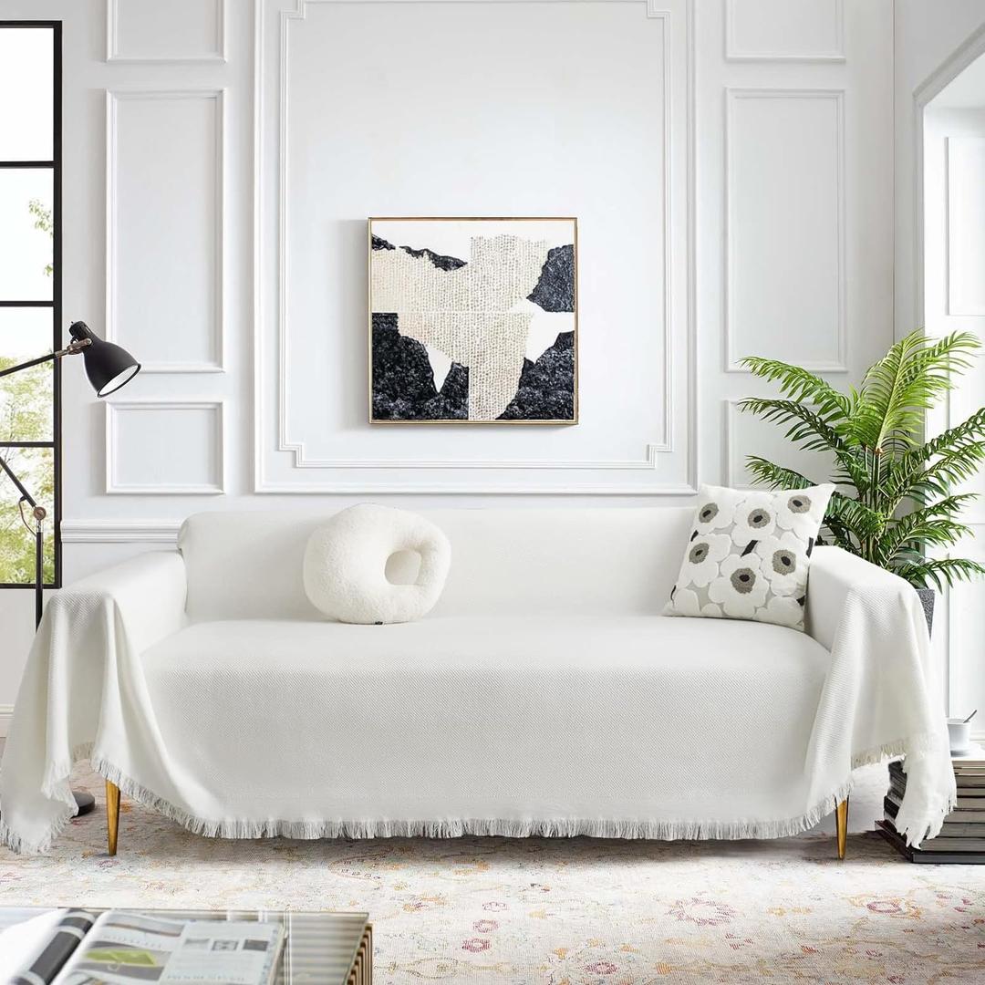 MEETSKY White Couch Cover Sofa Slipcover for Sectional Sofa Covers Protector Universal Use Cotton Blend Thick Fabric Washable, Woven Texture Modern Design for Living Room, 71" x 118", X-Large, White