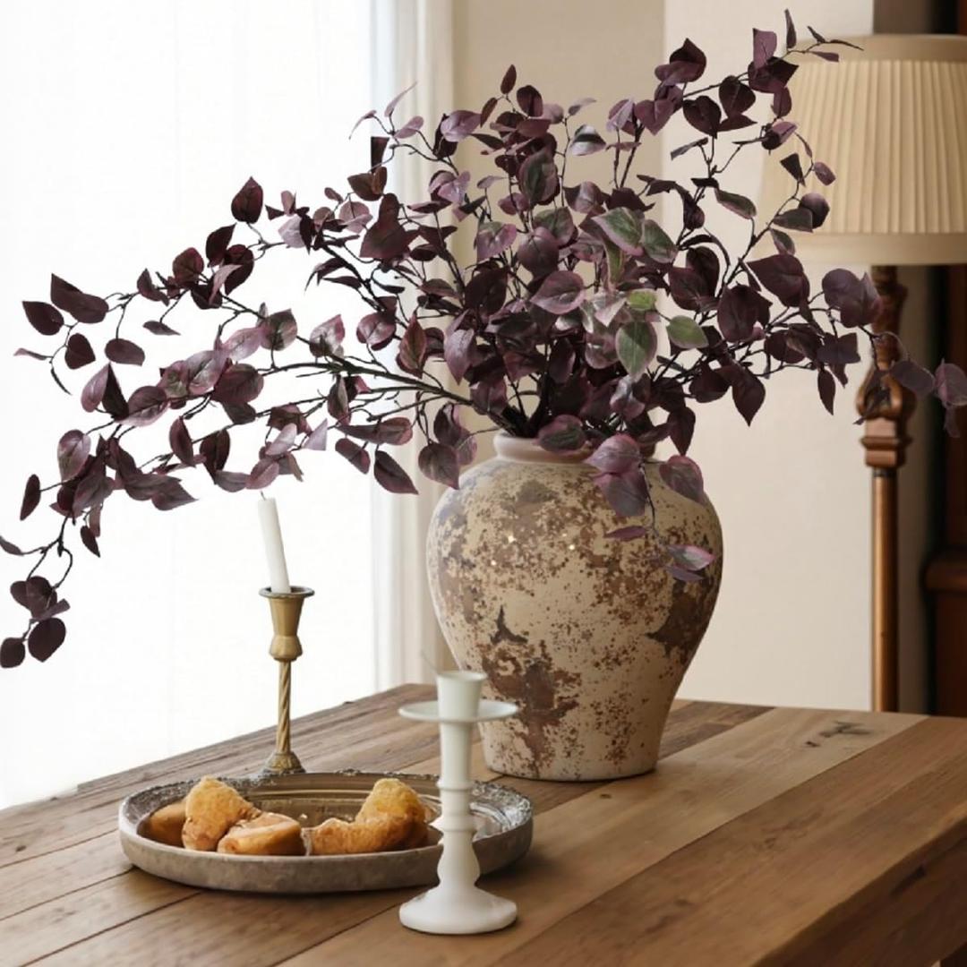 HyeFlora 5PCS Artificial Fall Eucalyptus Leaves Stem Plants, 32.7 inch Fake Leaves Autumn Greenery Branches Burgundy Shrubs Silk Faux Foliage DIY Stems for Thanksgiving Festival Home Kitchen Farmhouse