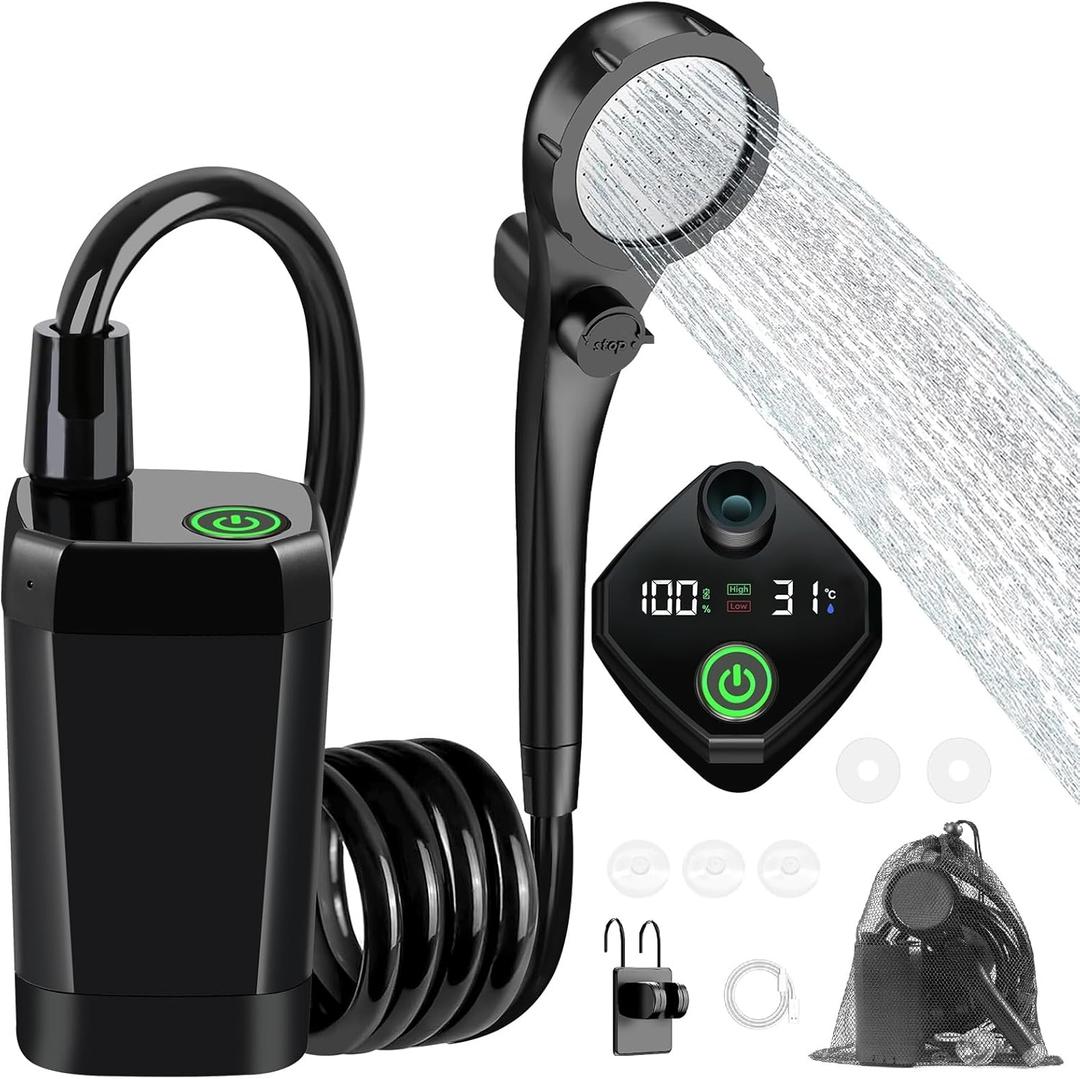 Portable Camping Shower, 6000mAh Rechargeable Outdoor Shower Pump with LED Display, 3 Spray Modes, IPX7 Waterproof Camping Shower Kit for Hiking, Travel, Car Washing, RV, Pet Bath