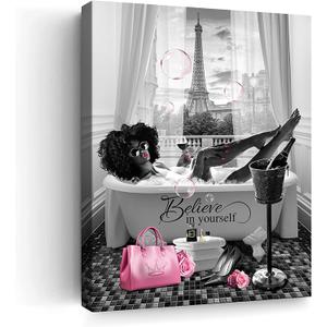 African American Wall Art Bathroom Decor Wall Art Black Girl In Bathtub Canvas Poster Prints Modern Pink Wall Decor Fashion Black Women Pictures Framed For Bathroom Ready To Hang 16"X20"