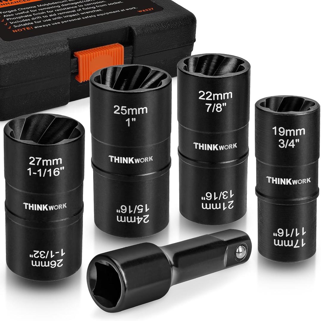 THINKWORK 1/2 Inch Drive Lug Nut Extractor Set, 5pcs Flip Wheel Lock Removal Kit, Double Ended Lug Nut Removal Tool for Stripped, Broken, Damaged, Rounded Bolts, Nuts and Fasteners