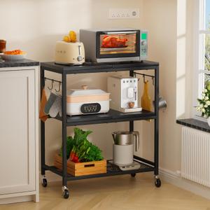 Rolling Kitchen Microwave Cart with 6 Hooks, 3 Tier Utility Cart Storage Table Stand on Lockable Wheels, Small Coffee Shelf Rack Organizer,Black