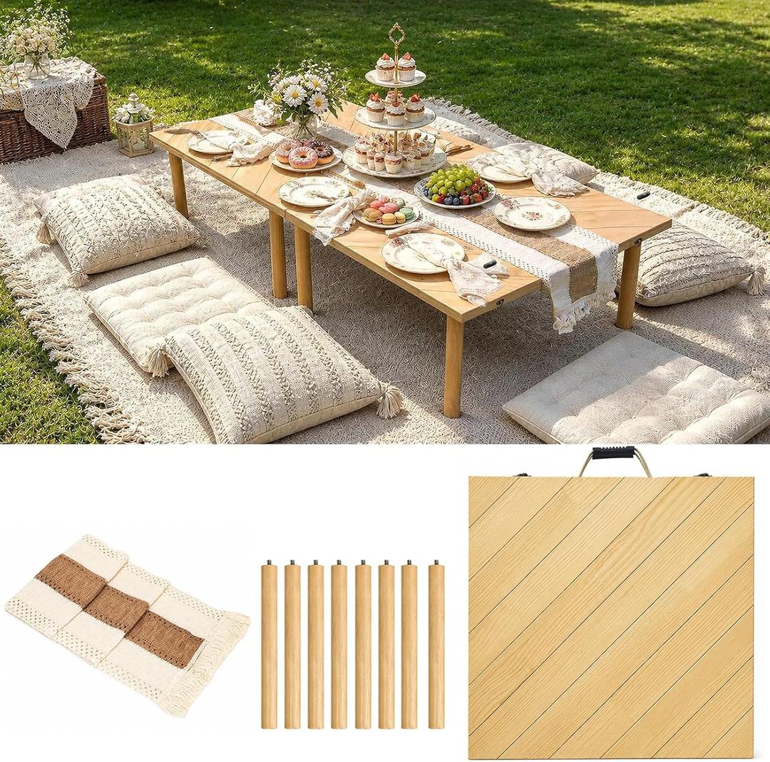 60" x 30" Low Picnic Table with 8 Wooden Legs Boho Table Runner Folding Picnic Table Portable for Indoor Outdoor Use Ideal for Backyard Picnic Beach Weddings Garden Parties (Herringbone), 60" x 30" x 16.9"