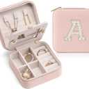 Vlando Mothers Day Gifts, Travel Jewelry Case for Women, Travel Gifts, Travel Essentials Small Jewelry Box, Jewelry Travel Organizer for Teen Girls Kids Graduation Gifts- Letter A, Pink