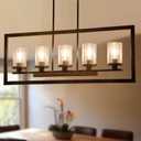Farmhouse 5-Light Dining Room Pendant Light Fixture with Clear Glass Shades, Kitchen Island Rectangle Chandeliers in Black Metal and Natural Wood Finish