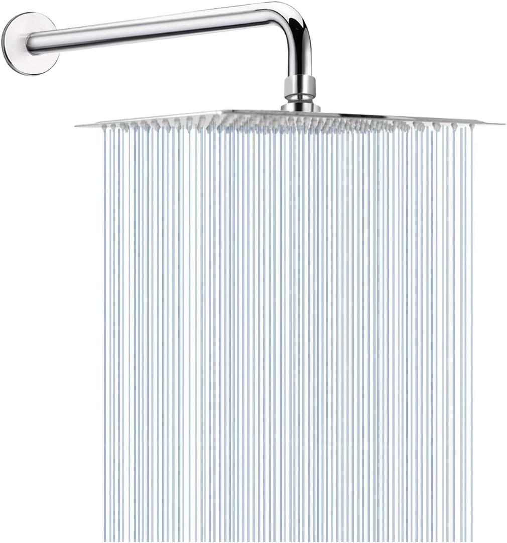 HarJue 12 Inch Rain Shower Head With 15 Inch Extension Arm, Stainless Steel Large Rainfall, Luxury Square-Waterfall Full Body Coverage-Easy to Install (Chrome)