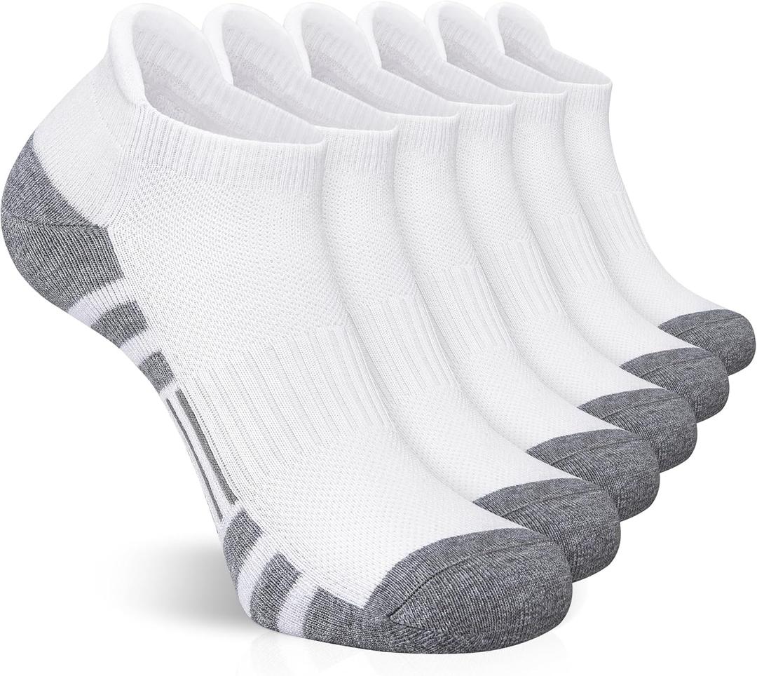 Felicigeely Ankle Athletic Running Socks Low Cut Sports Socks Breathable Cushioned Tab Socks for Men Women 6 Pairs (9-12, White)