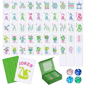 Soulchen 168 Pcs Mahjong Playing Cards American Style Blossom Numbered Large Print PVC Poker Mahjong Tiles with 4 Dices 2 Storage Box for Travel Home, Portable Gift(Houseplant,Green)