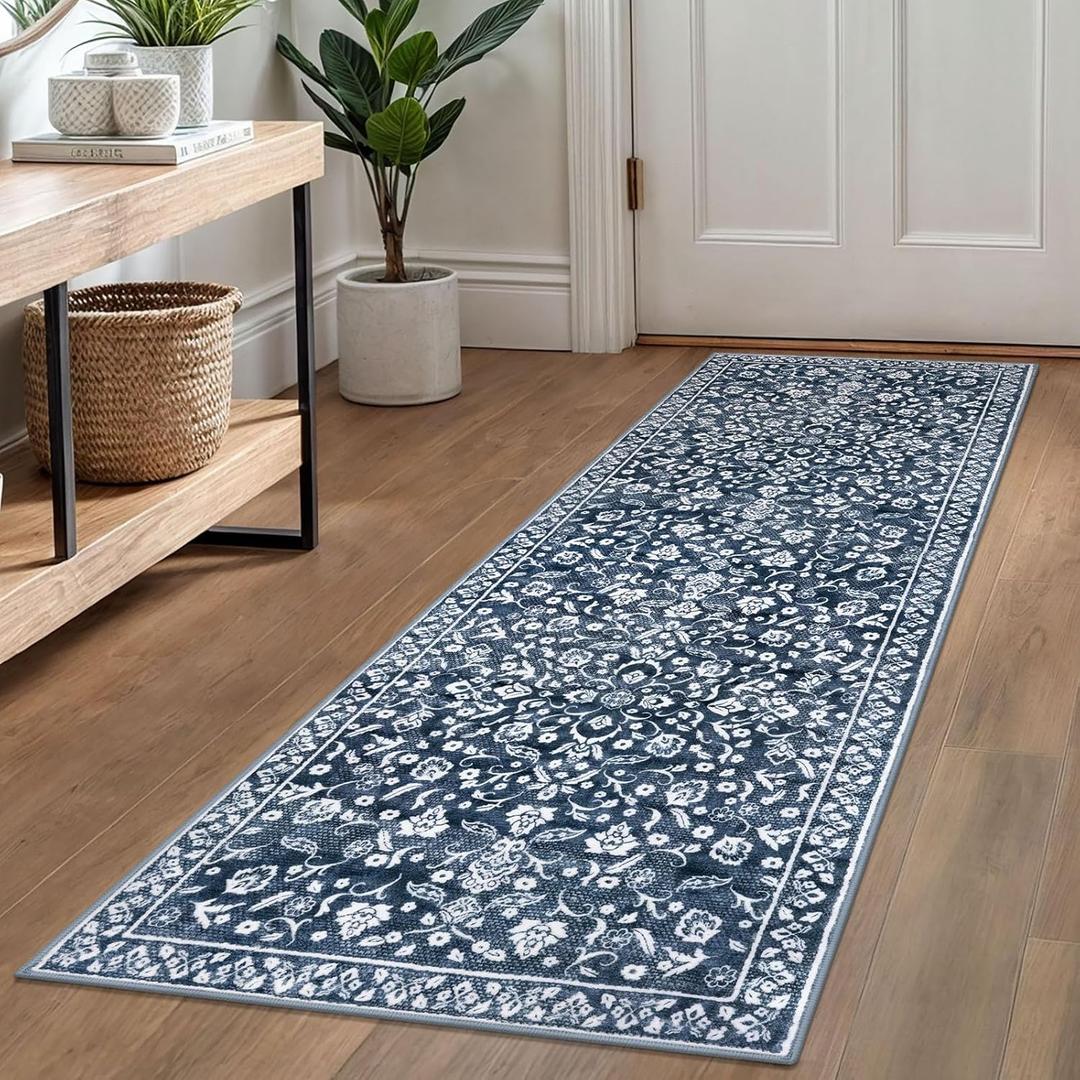 Vintage Washable Runner Rug 2x6, Navy Runners for hallways, Super Soft Kitchen Runner Rug Non Slip, Printed Faux Wool Floral Thin Carpet Runner for Entryway Laundry Room Bedroom (Navy and White)
