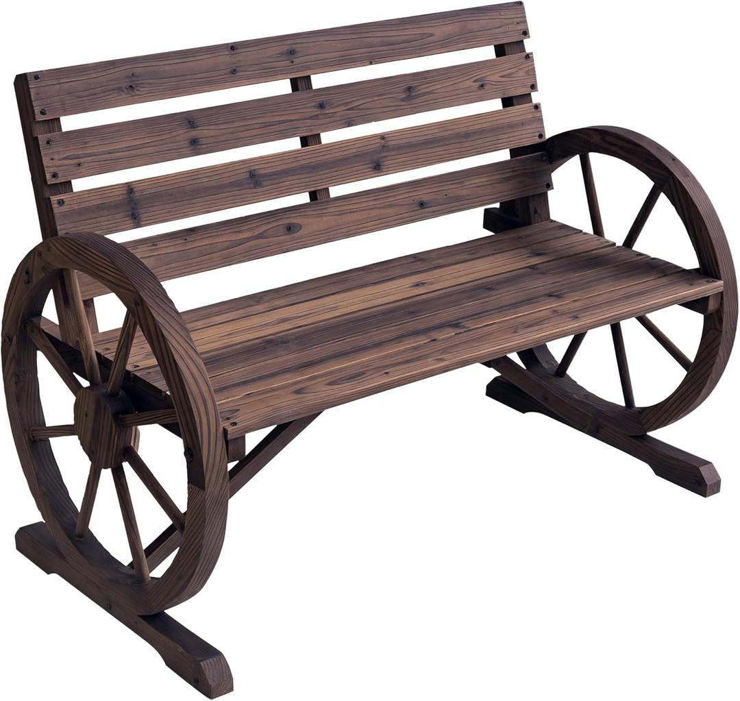 Outsunny 41" Wooden Wagon Wheel Bench, Rustic Outdoor Patio Weather Resistance Furniture, 2-Person Slatted Seat Bench with Backrest, Carbonized