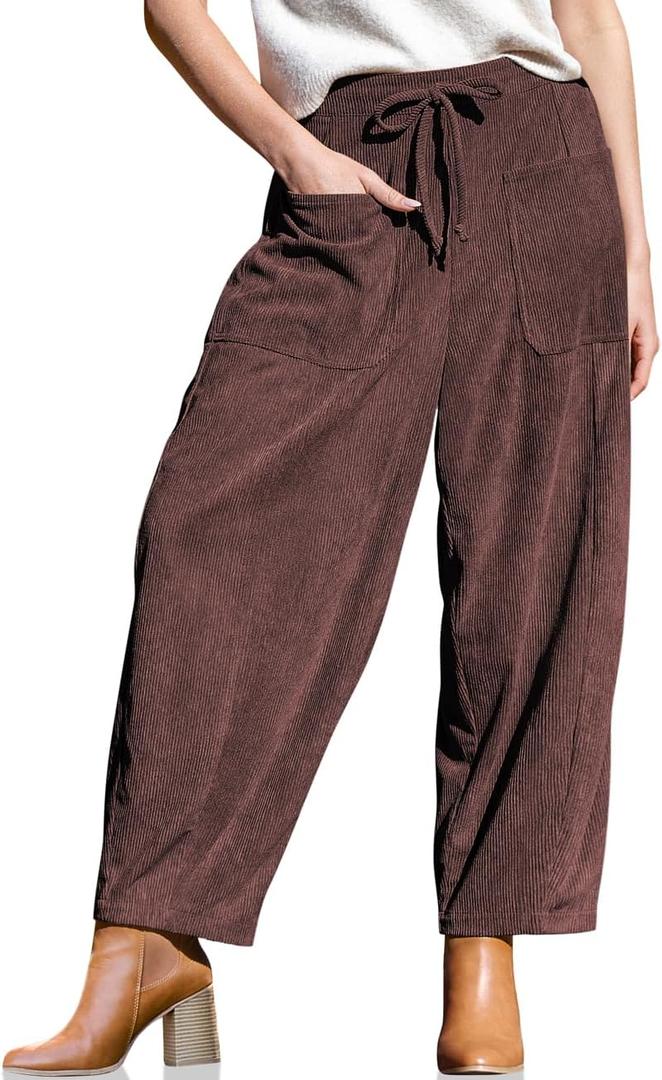 TARSE Womens Corduroy Pants Baggy Wide Leg Pants Casual Elastic Waisted Palazzo Harem Pants with Pockets (X-Large, Dark Coffee)