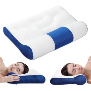 Ergonomic Pillow,Neck Pillow Cervical Pillow for Neck Strain Relief, Neck Pillow for Sleeping,Cervical Contour Neck Support Pillows for Side Back Stomach Sleeper (White and Blue)