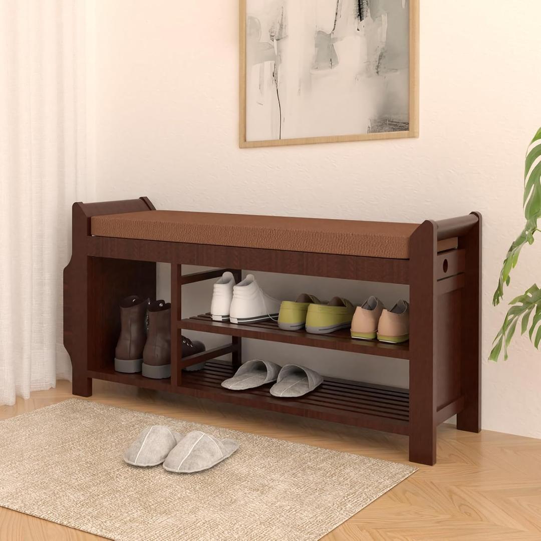 NURTUDIS Shoe Rack Bench,Bamboo Shoe Storage Stool with Removable Cushion, 2-Tier Entryway Shoe Storage Organizer Shelf with Side Drawer and Book/Umbrella Basket for Living Room, Bedroom(Large)