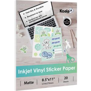 Koala Printable Vinyl Sticker Paper for Inkjet Printer - 20 Sheets Matte White Vinyl Sticker Paper, Waterproof Sticker Paper 8.5x11 Inch, Work with Cutting Machine