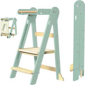 Grownsy Safety Upgrade Foldable Kitchen Helper Step Stool Toddler Tower | One-Click Lock, 3-Second Folding, 3 Adjustable Heights, Sturdy A-Frame Support, Easy Storage, Ages 15 Months to 6 Years