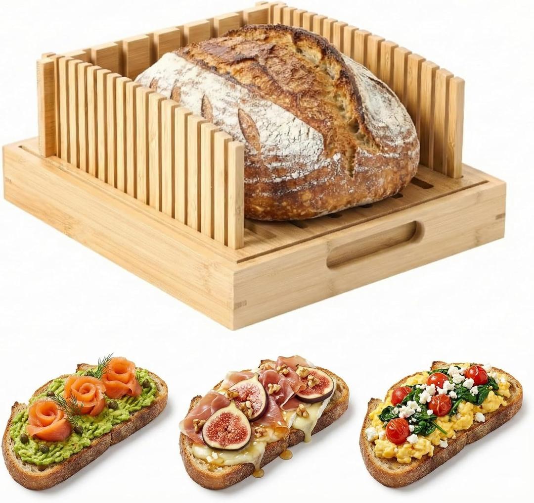 10.5" Bamboo Bread Slicer for Homemade Bread - Sourdough Slicing Guide with Crumb Catcher & Stable Mortise-Tenon Structure