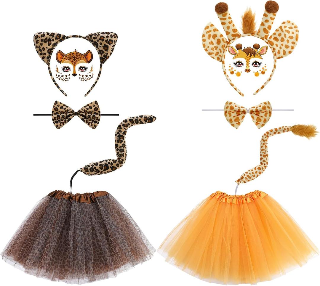 JATEBI 2 Sets Animal Costume Tutu for Kids,Include Giraffe and Leopard Ears Headbands Tails Face Sticker Bowtie Fancy Dress Costumes Kit