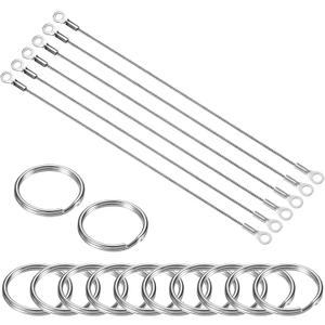 MECCANIXITY 304 Stainless Steel Lanyard Cable 20cmx3mm, 6Pcs Eyelets Ended Short Wire Rope Lanyard Safety Tether with 12Pcs Key Ring, Silver Tone