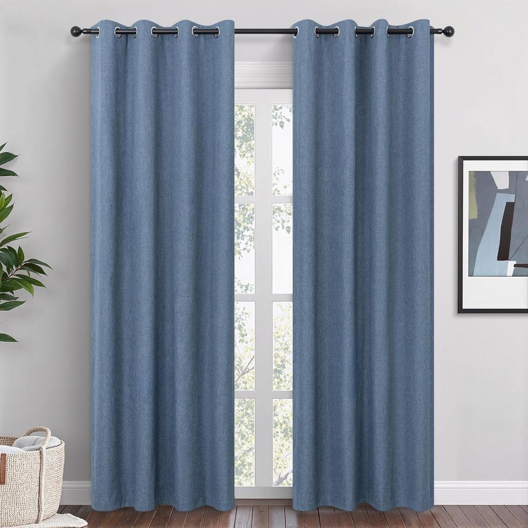 Blue Linen Blackout Curtains 96 Inch Length 2 Panels Set for Bedroom Living Room Grommet 100% Black Out Linen Drapes Room Darkening Window Curtains 96 Inches Long Stone Blue