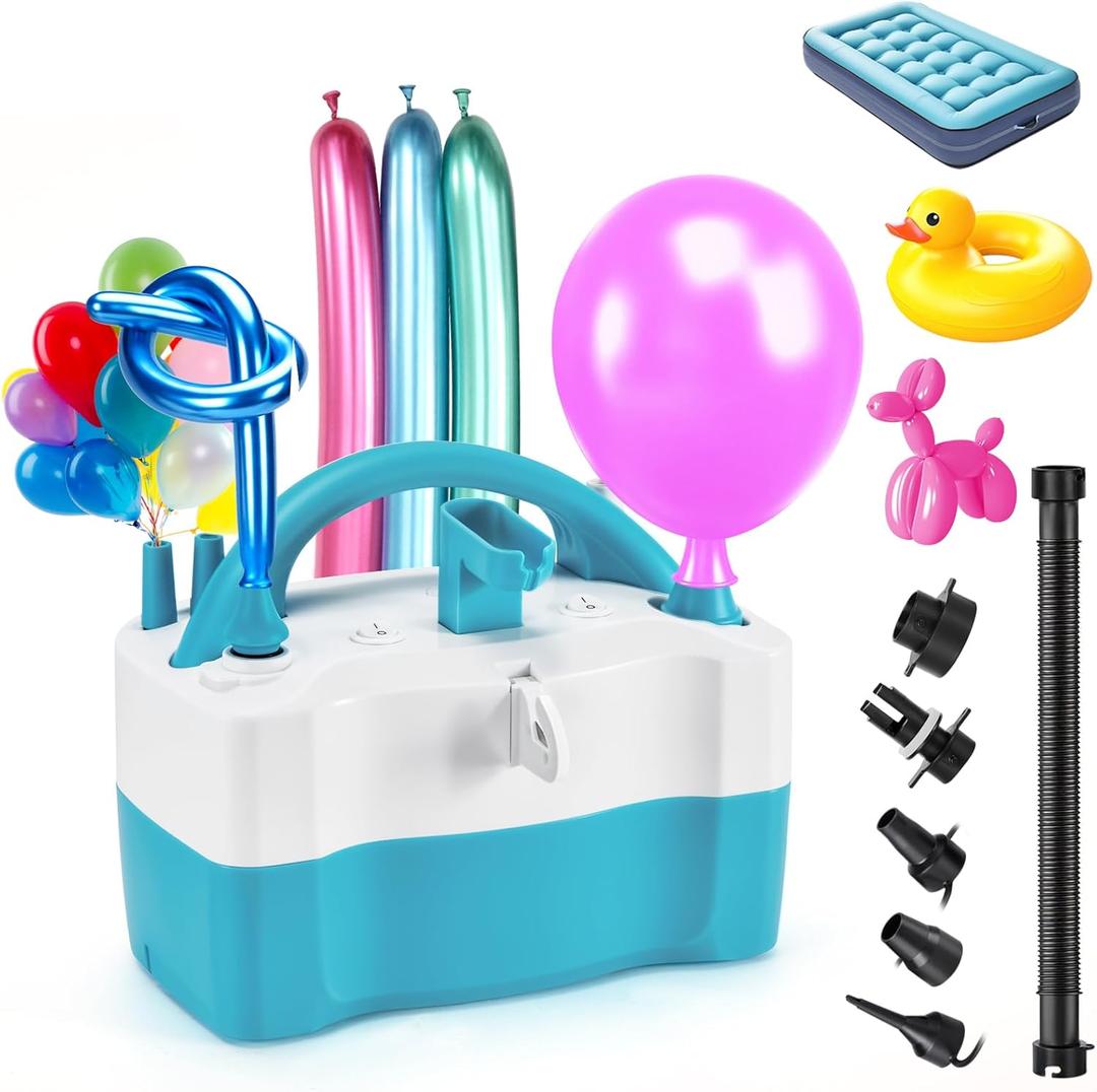 AGPTEK Electric Air Balloon Pump, 110V 600W Rose Red Portable Dual Nozzle Inflator/Blower for Party Decoration (E-Blue and White-3 in 1)