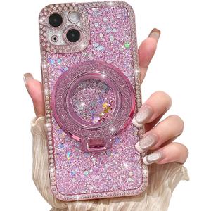 NITITOP Compatible with iPhone 14 Case with Quicksand Stand Holder Pink Glitter Sequin Design for Girls Women Luxury Bling Diamond Frame Soft TPU Shockproof Protective Phone Cover - Pink