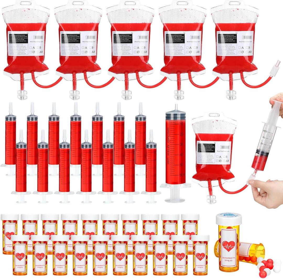 WinnerWhy 60 Pcs Nursing Graduation Party Supplies 5 Iv Blood Bags for Drinks 15 Plastic Syringes 20 Empty Pill Bottles with Caps 20 Sticky Labels Nurse Party Favors Bsn Rn Lpn Graduation Decoration